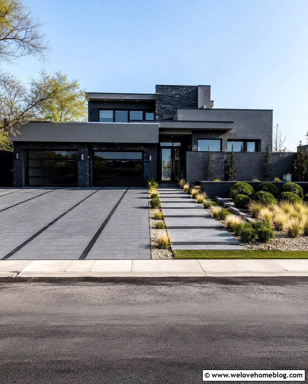 Gray Paver Driveway With Black Inlay - 20 Dream House Driveway Ideas