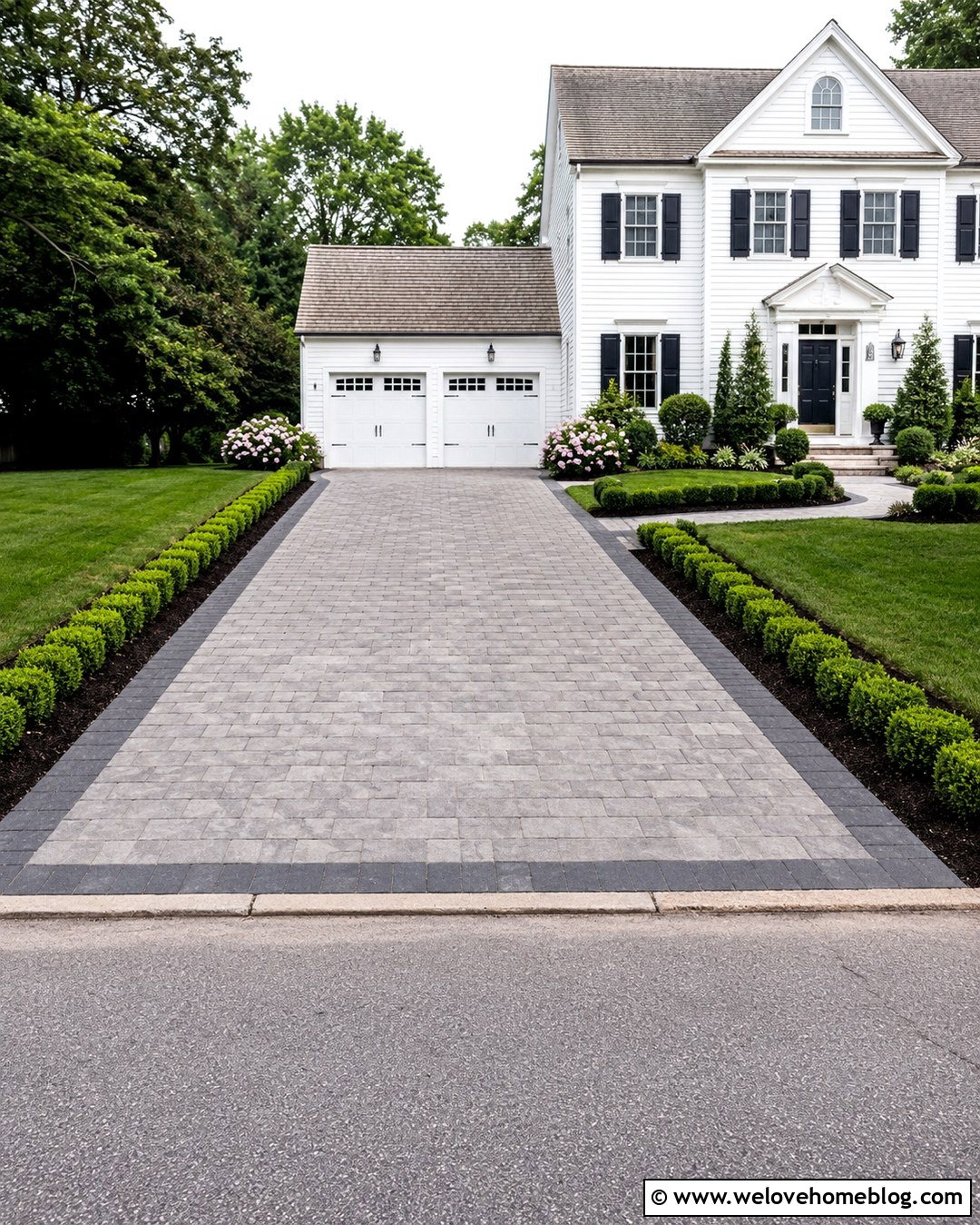 Gray Paver Driveway With Boxwood Borders