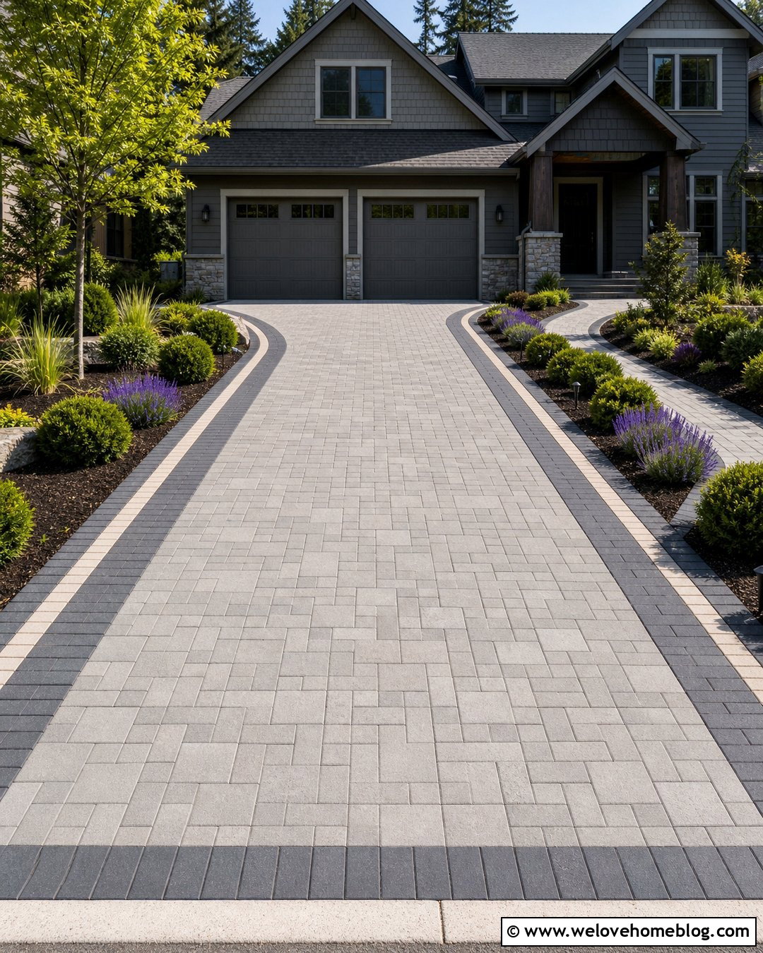 Gray Paver Driveway With Double Border - 20 Paver Driveway Curb Appeal Ideas