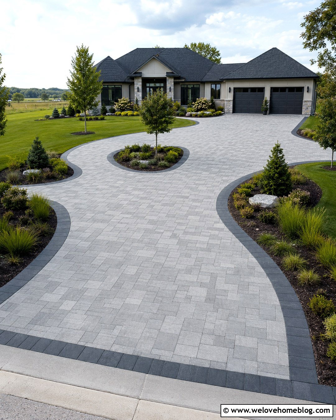 Gray Paver Driveway With Landscape Islands - 20 Gray Paver Driveway Design Ideas