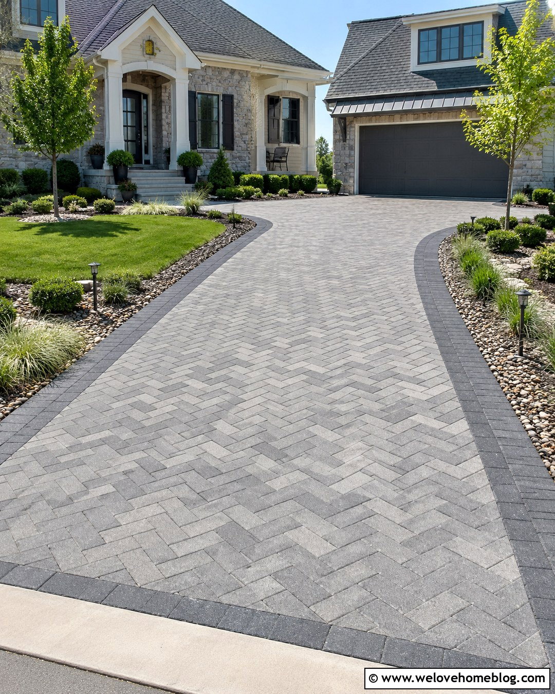 Gray Paver Driveway With Low Lighting - 20 Gray Paver Driveway Design Ideas