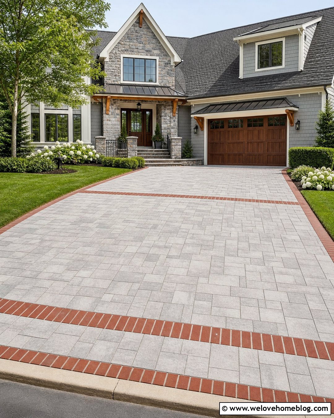 Gray Paver Driveway With Red Brick Border - 20 red brick driveway edging ideas