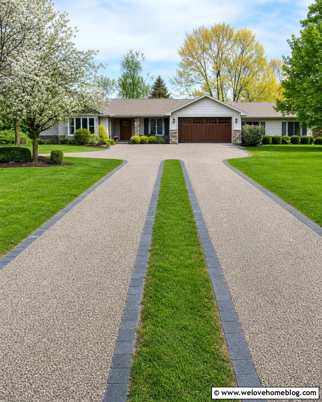Gray Sealed Gravel Driveway With Grass Center Strip - 20 sealed gravel driveway ideas