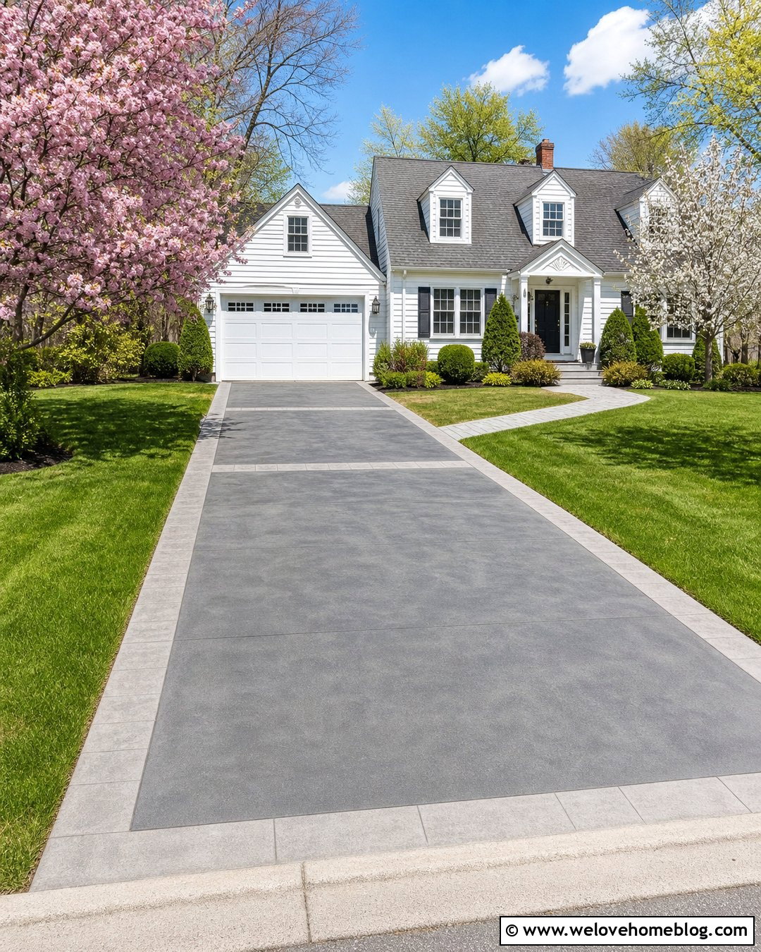 Gray Stained Concrete Driveway With White Border - 20 Staining Concrete Driveway Ideas