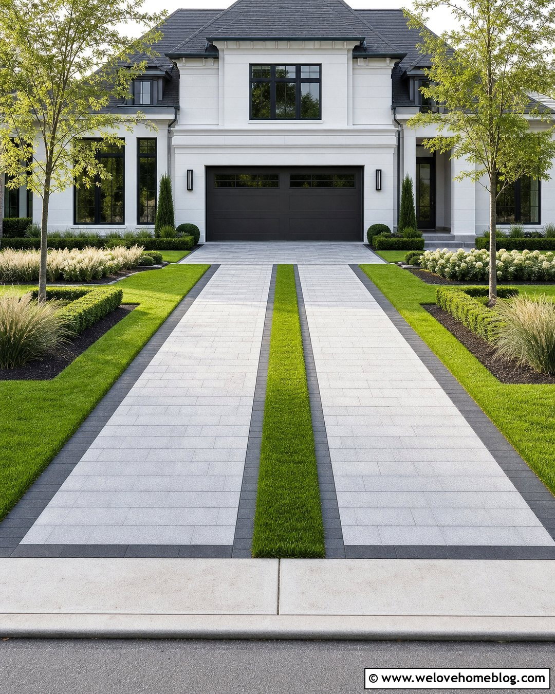 Gray Stone Driveway With Central Grass Strip - 20 Modern Gray Stone Driveway Ideas