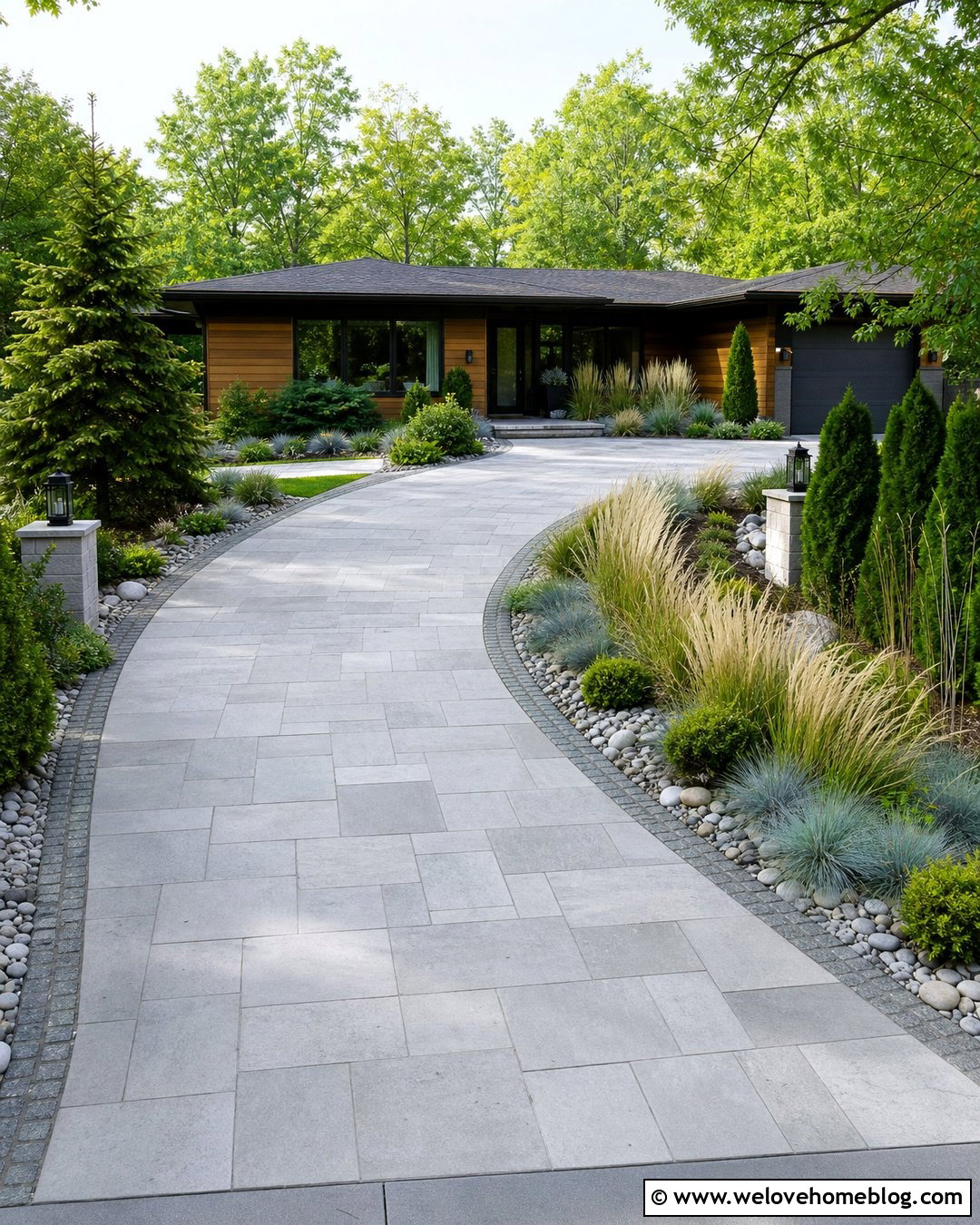 Gray Stone Driveway With Ornamental Grasses - 20 Modern Gray Stone Driveway Ideas