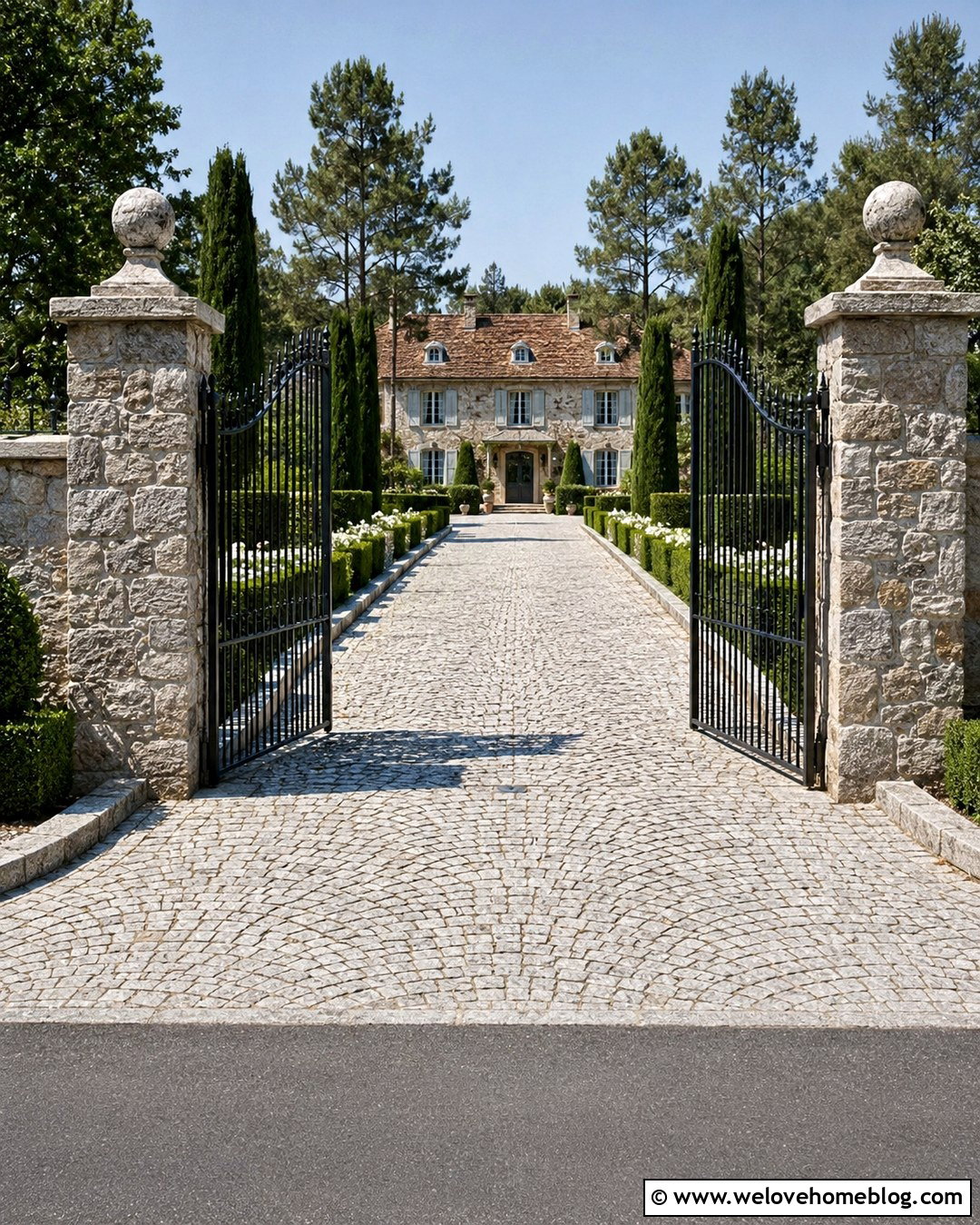 Gray Stone European Fan Driveway With Arched Gate - 20 gray stone driveway pattern ideas