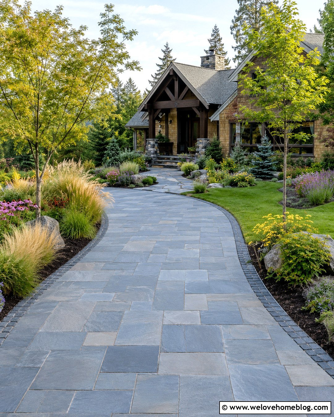 Gray Stone Random Ashlar Driveway With Native Planting - 20 gray stone driveway pattern ideas