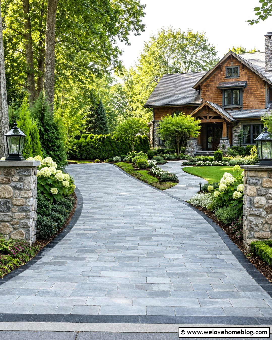 Gray Stone Running Bond Driveway With Stone Pillars - 20 gray stone driveway pattern ideas