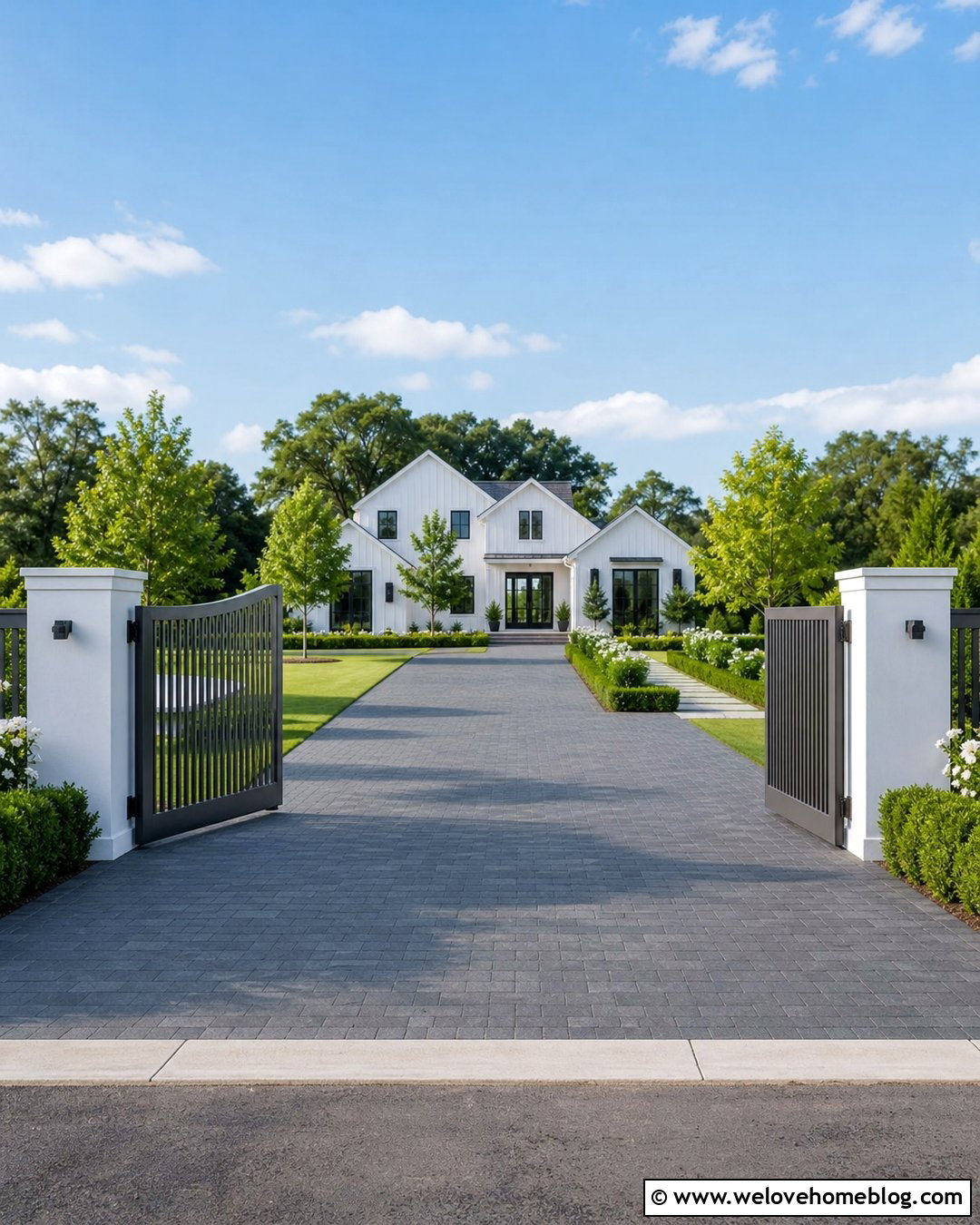 Gray Vertical Slat Double Swing Driveway Gate - 20 modern gray automatic driveway gate ideas