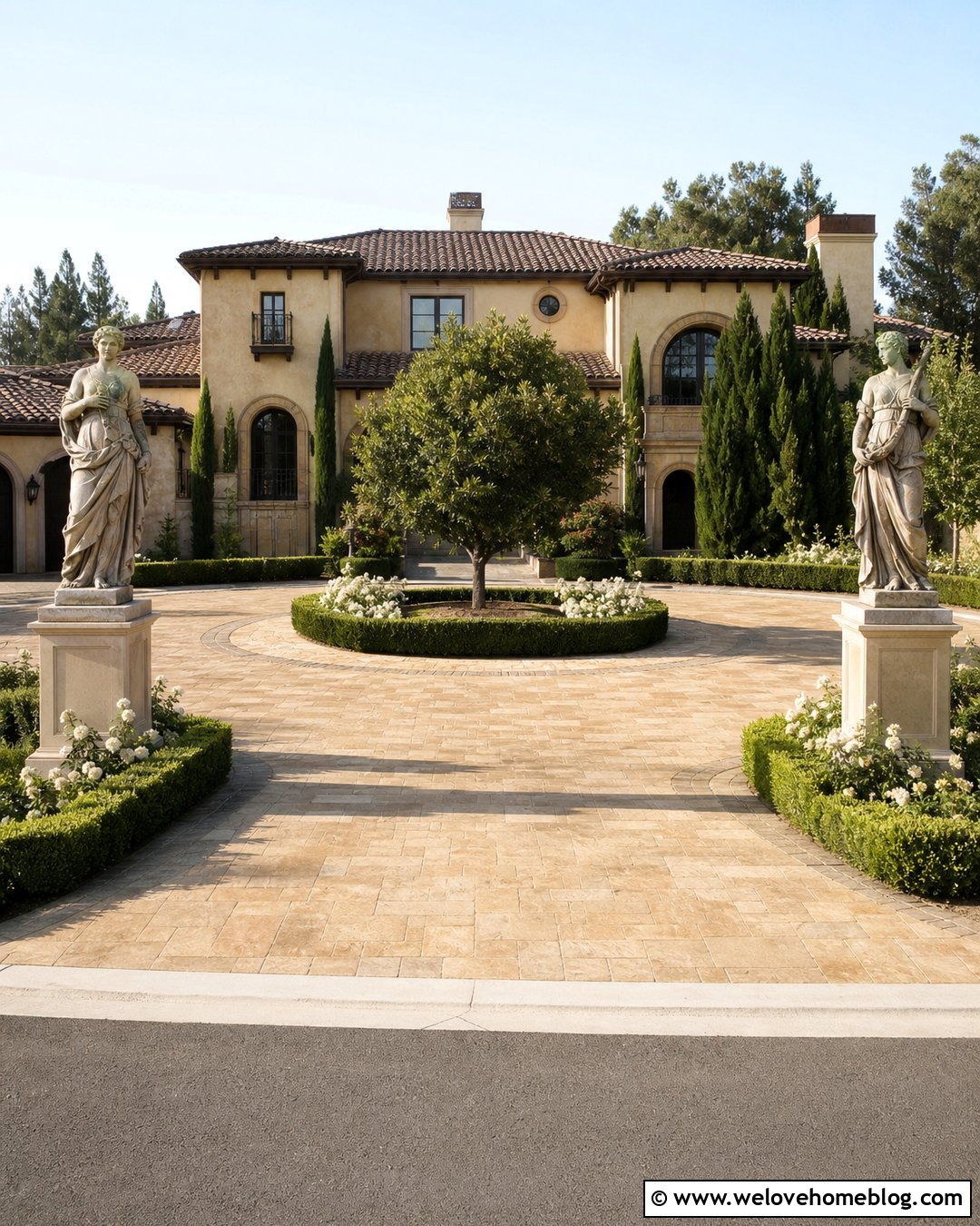 Greek Statues Beside a Circular Paver Driveway - 20 Driveway Statues Ideas