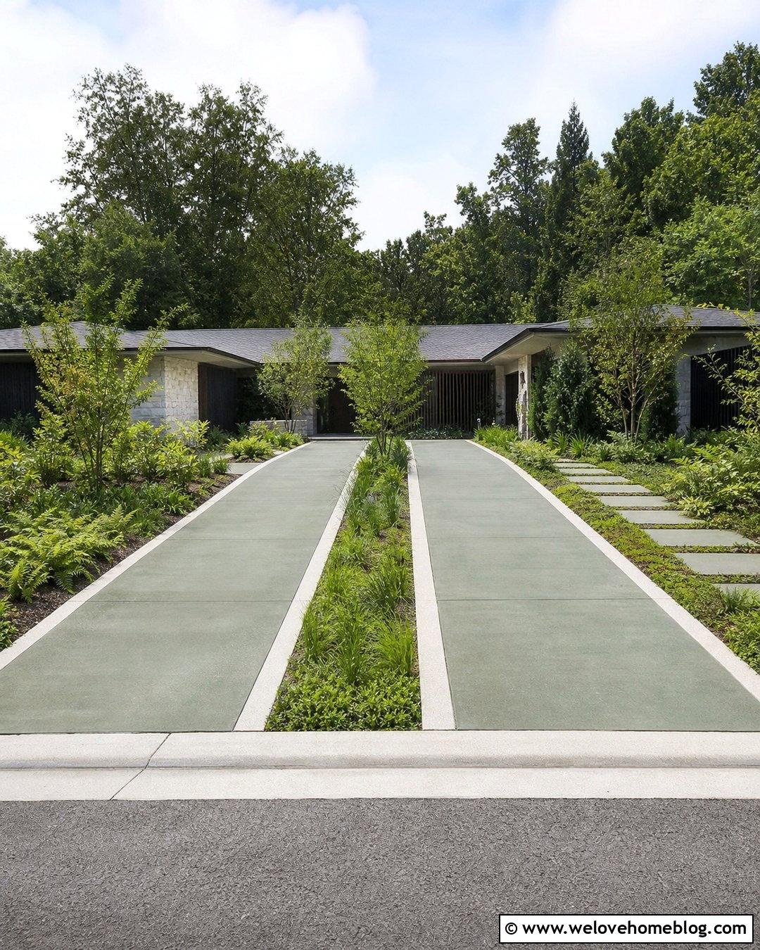 Green Painted Driveway With Grass Strips - 30 Painted Driveway Ideas