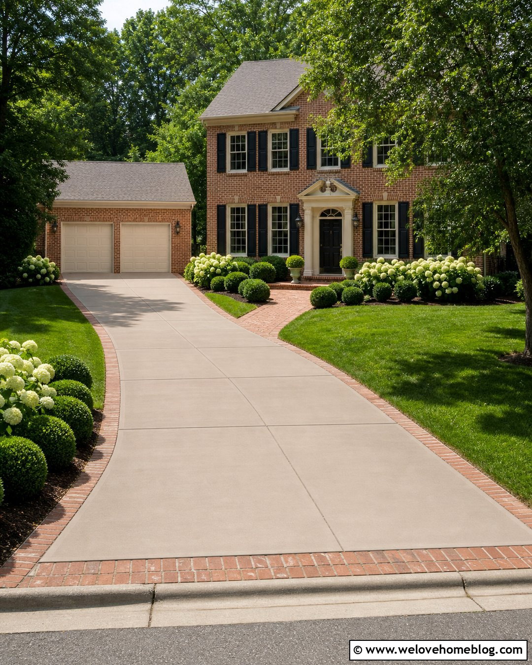 Greige Painted Driveway With Brick Edging - 25 paint driveway ideas