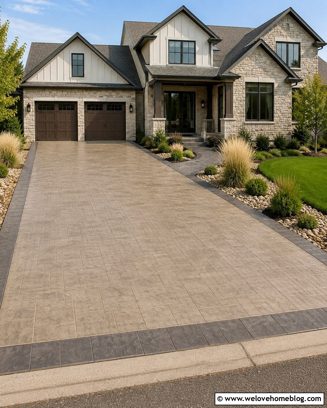 Greige Stamped Concrete Driveway - 20 modern stamped concrete driveway ideas