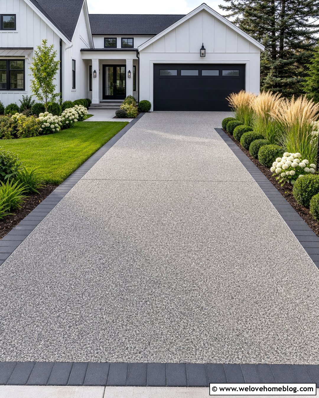 Grey Aggregate Driveway With Black Paver Border - 20 Grey Aggregate Driveway Ideas