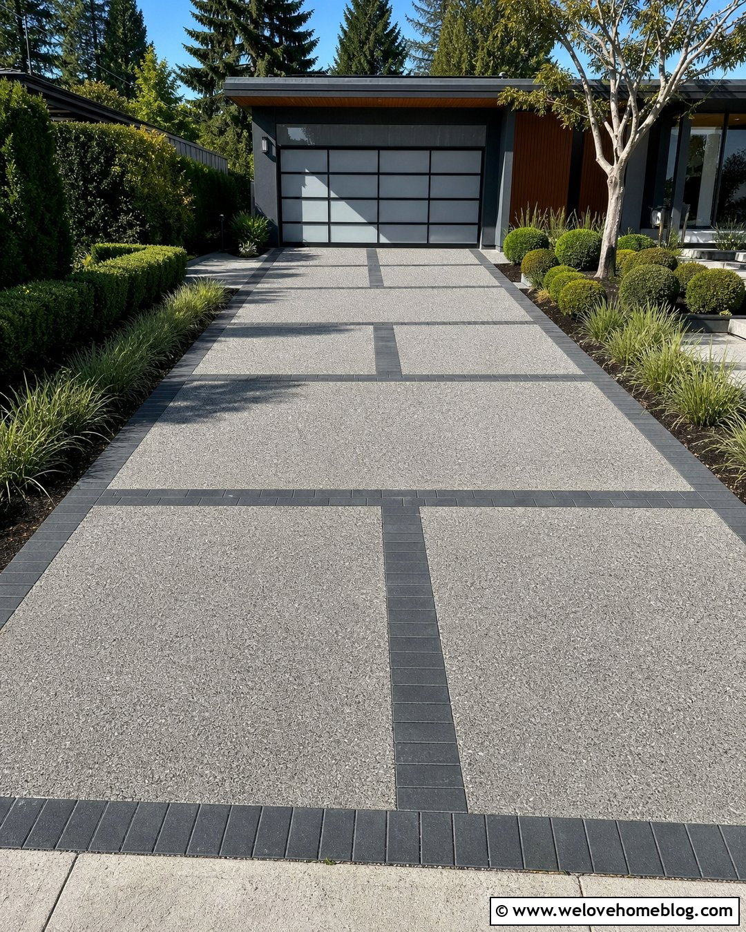 Grey Aggregate Driveway With Geometric Paver Bands - 20 Grey Aggregate Driveway Ideas