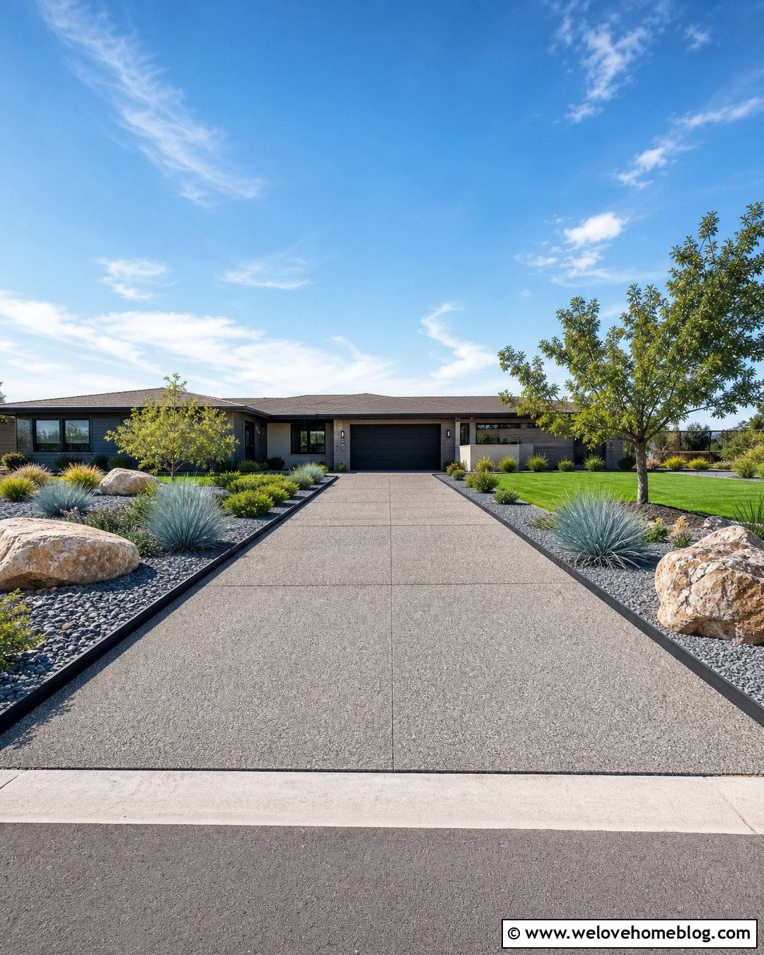 Grey Aggregate Driveway With Low Maintenance Landscaping - 20 Grey Aggregate Driveway Ideas