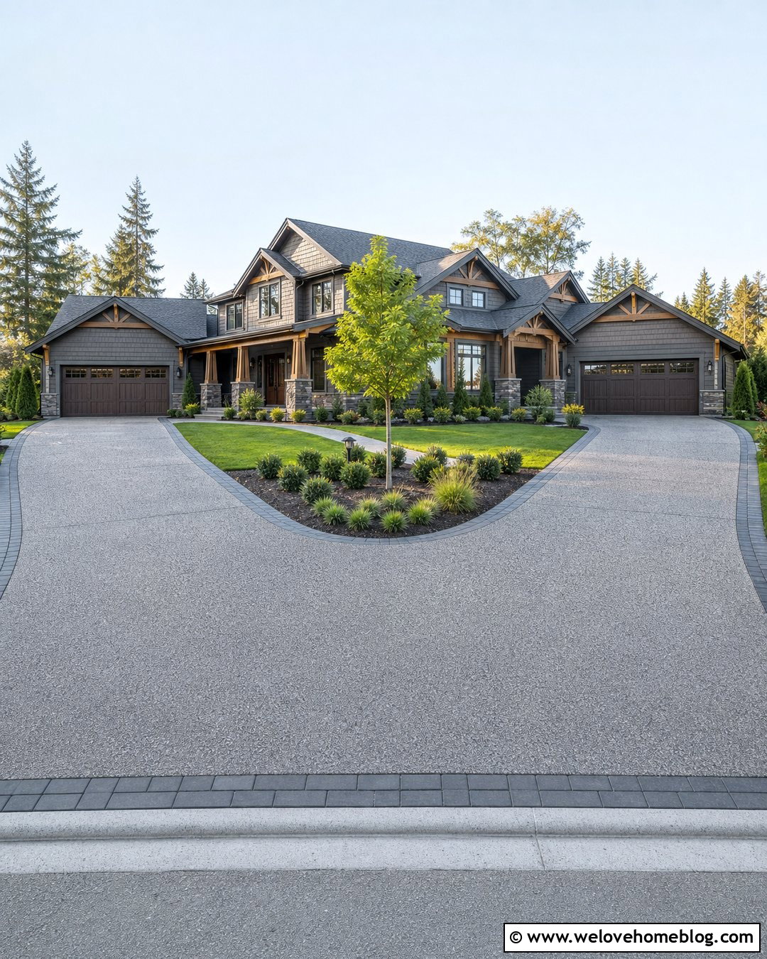 Grey Aggregate Driveway With Split Garage Approach - 20 Grey Aggregate Driveway Ideas