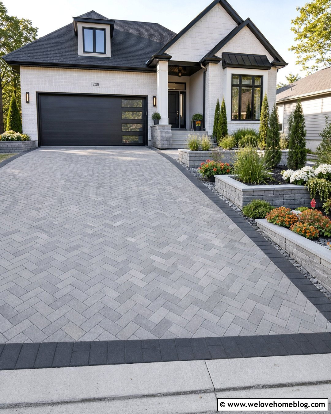 Grey Block Paving Driveway With Raised Planters - 25 Grey Block Paving Driveways Ideas