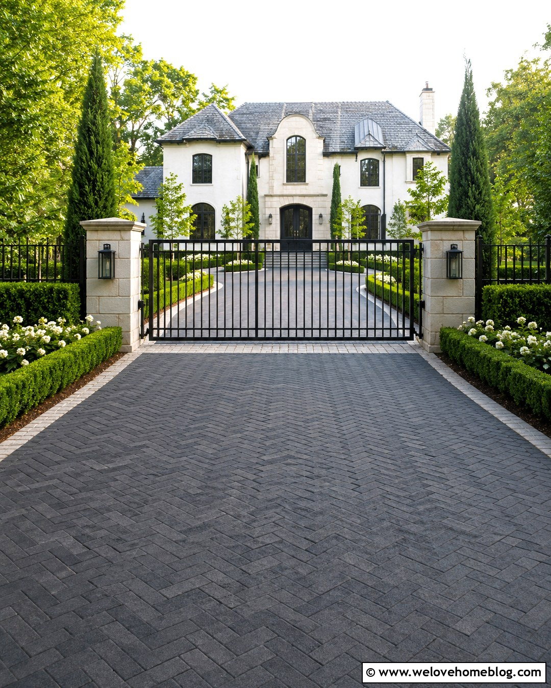 Grey Brick Driveway With Black Metal Gate - 20 Grey Brick Driveway Ideas