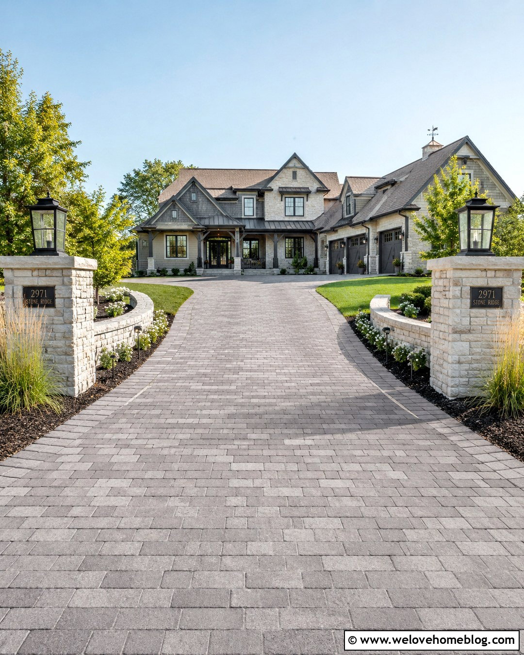 Grey Brick Driveway With Brick Pillars - 20 Grey Brick Driveway Ideas