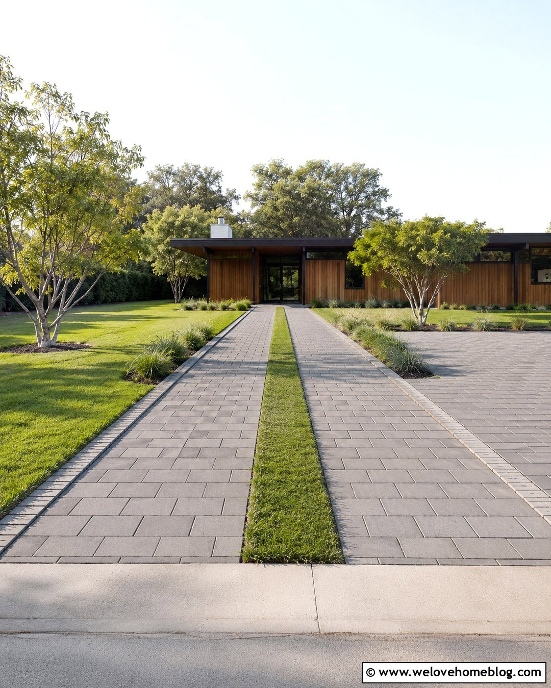 Grey Brick Driveway With Grass Strips - 20 Grey Brick Driveway Ideas