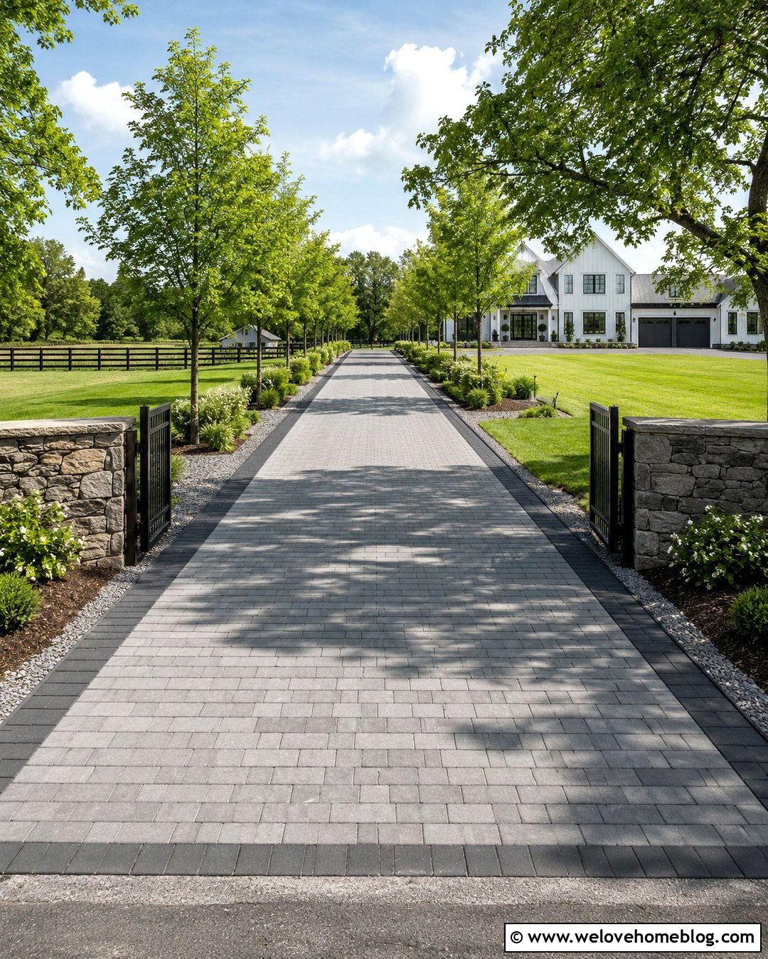 Grey Brick Driveway With Tree Lined Entrance - 20 Grey Brick Driveway Ideas