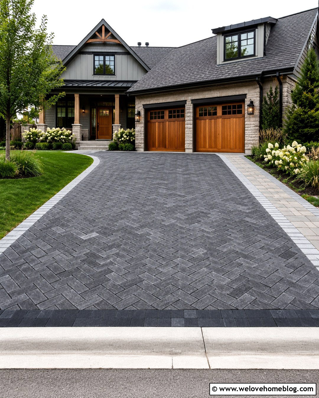 Grey Brick Driveway With Warm Wood Garage Doors - 20 Grey Brick Driveway Ideas