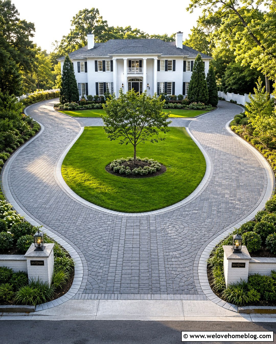 Grey Brick Horseshoe Driveway With Lawn Center - 20 Grey Brick Driveway Ideas