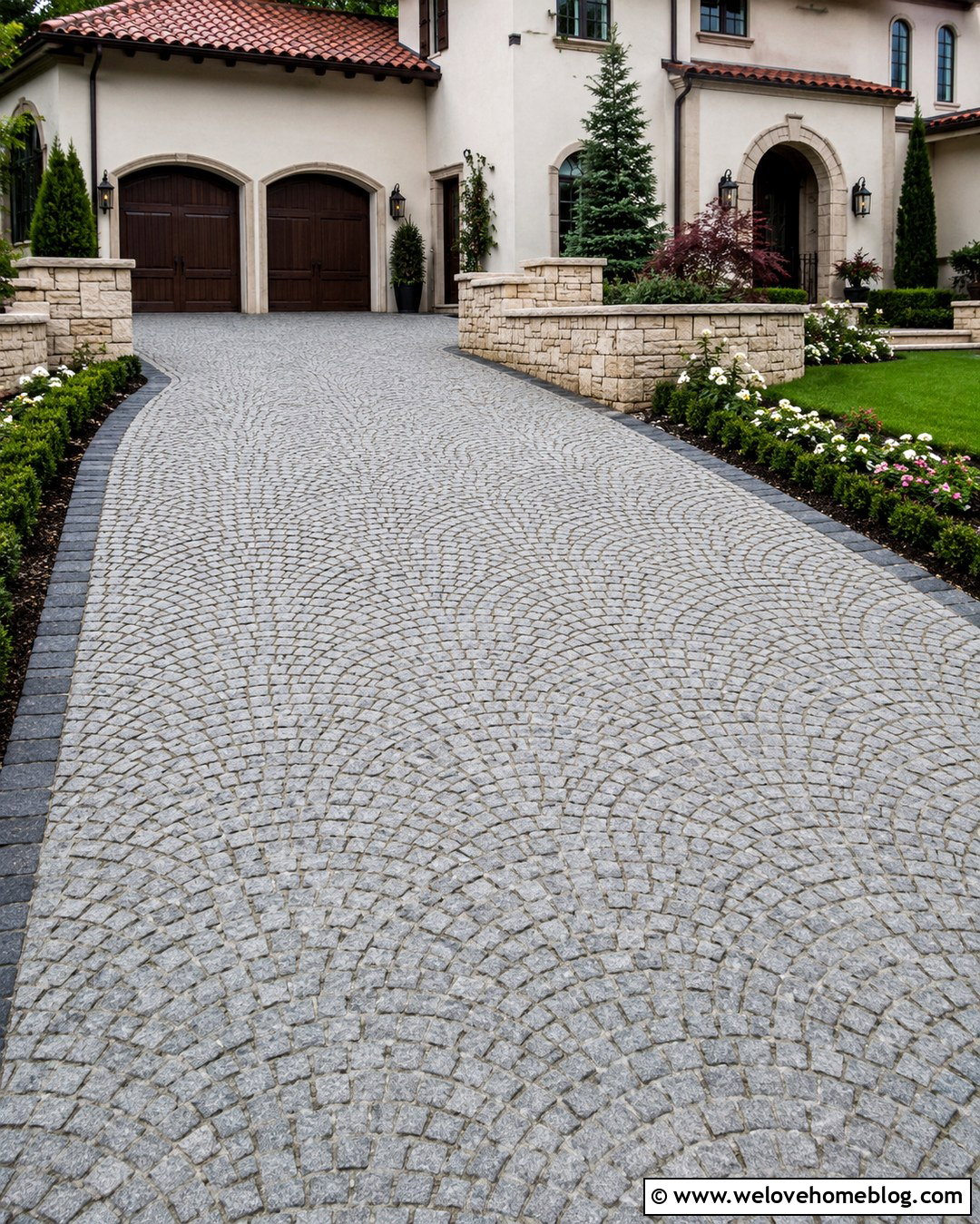 Grey Cobblestone Driveway With Fan Pattern - 20 Grey Cobblestone Driveway Ideas