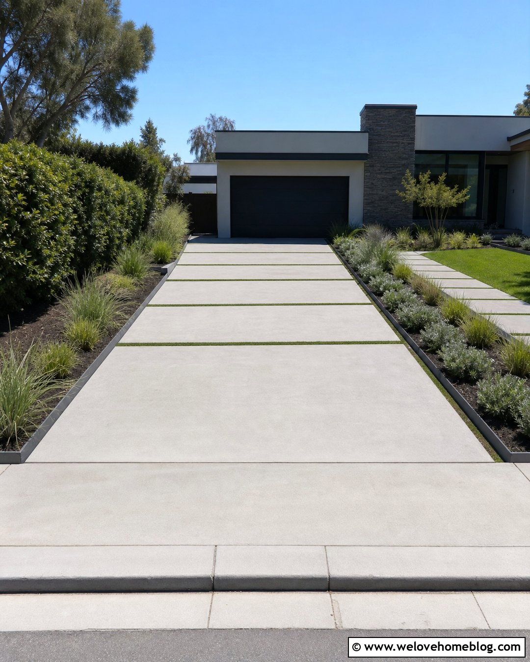 Grey Concrete Driveway With Grass Strips - 25 Grey Driveway Ideas