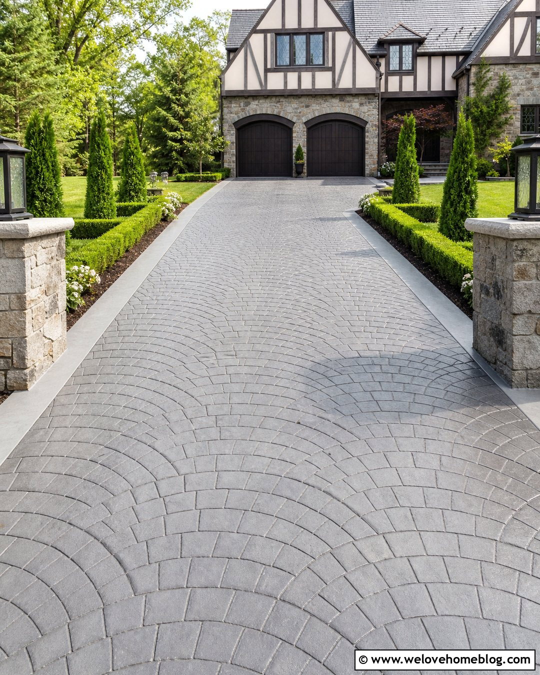 Grey European Fan Stamped Concrete Driveway - 20 grey stamped concrete driveway ideas