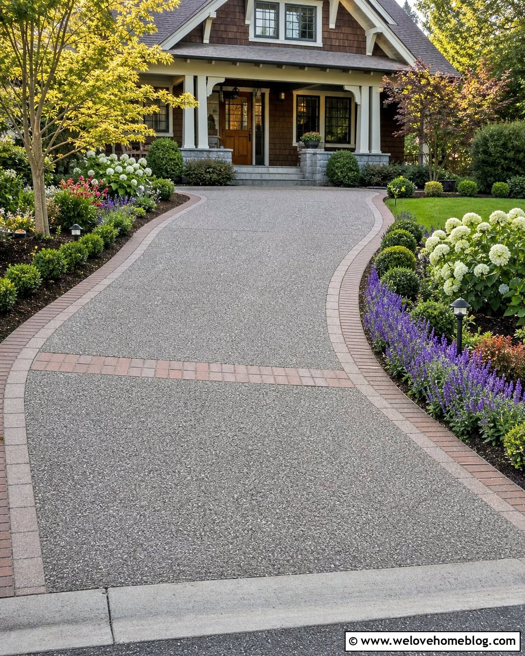 Grey Exposed Aggregate Driveway With Brick Ribbon - 20 Grey Exposed Aggregate Driveway Ideas