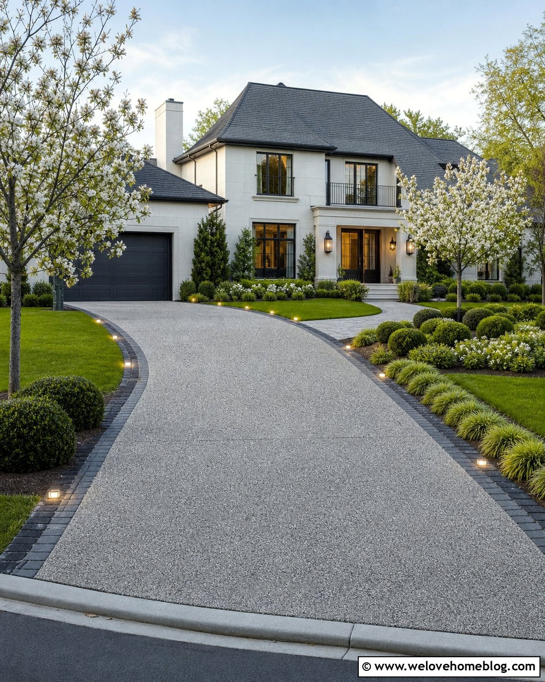 Grey Exposed Aggregate Driveway With In Ground Lighting - 20 Grey Exposed Aggregate Driveway Ideas