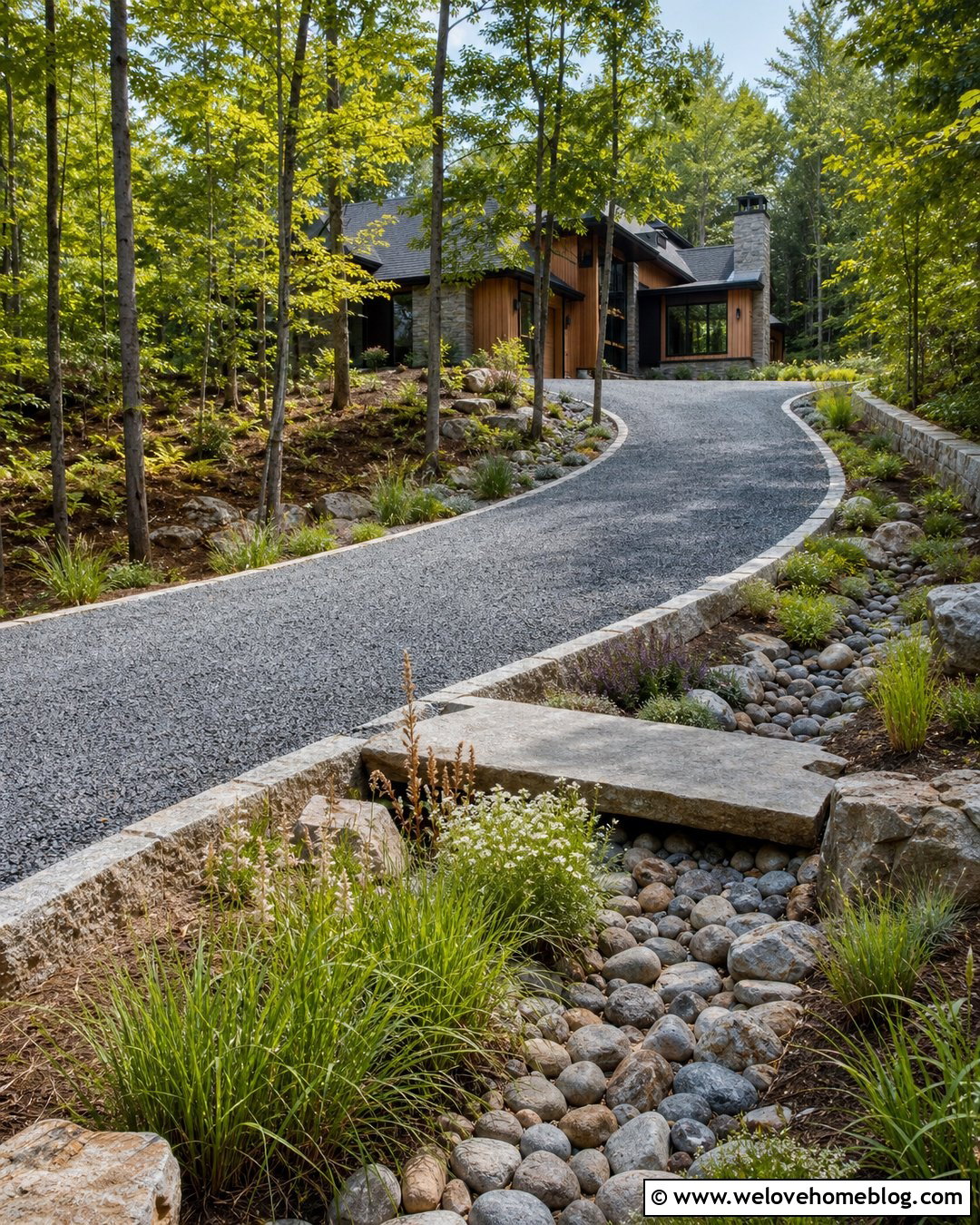 Grey Gravel Driveway With A Landscaped Drainage Swale - 25 Grey Gravel Driveway Ideas