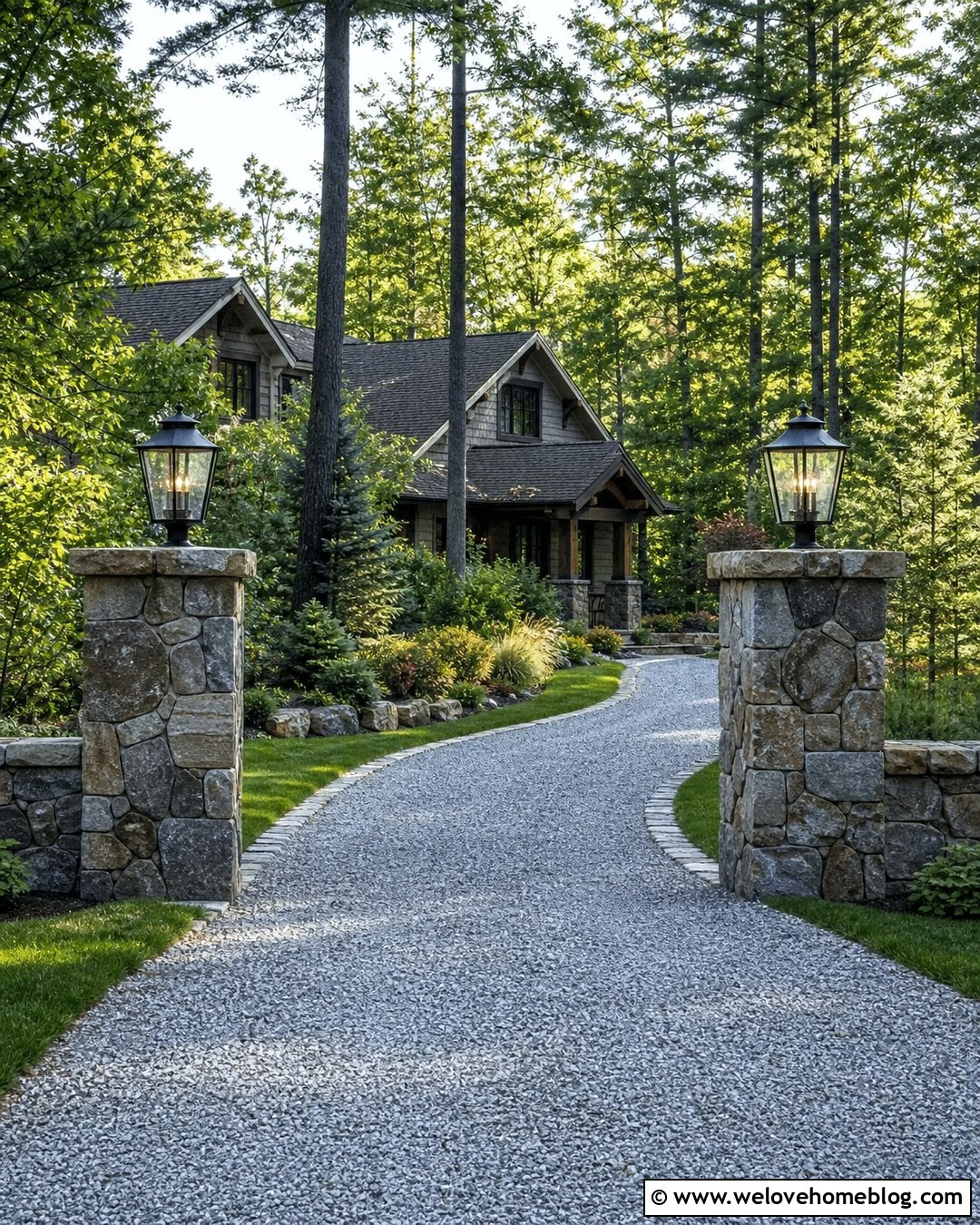 Grey Gravel Driveway With Stone Pillars - 25 Grey Gravel Driveway Ideas