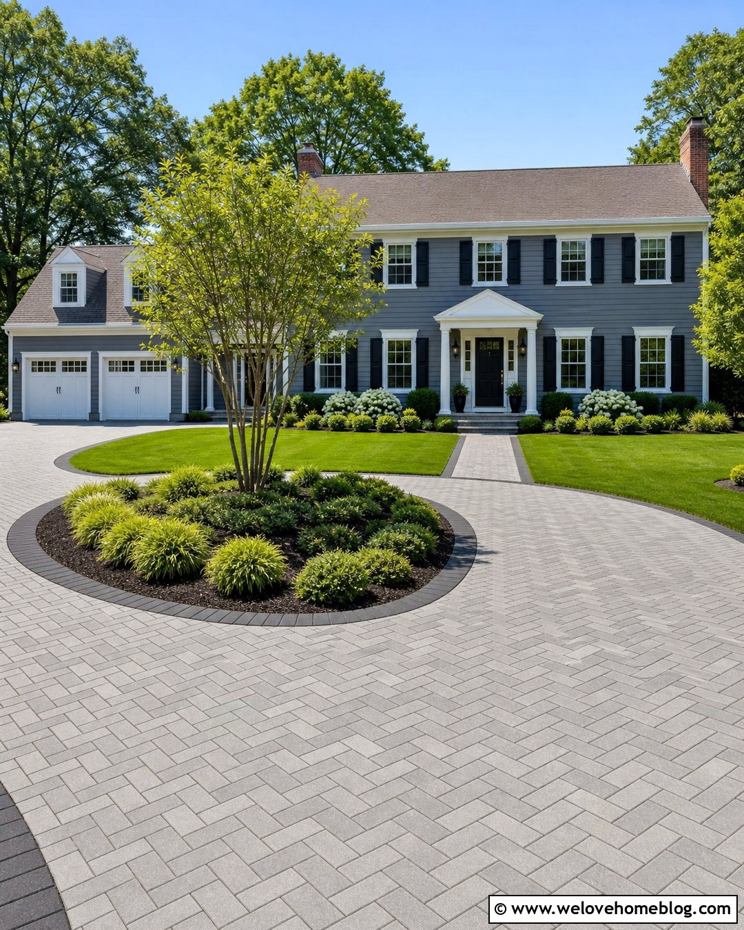 Grey Herringbone Driveway With Central Planting Island - 20 grey herringbone driveway ideas