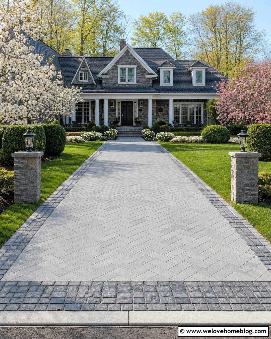Grey Herringbone Driveway With Granite Setts - 20 grey herringbone driveway ideas