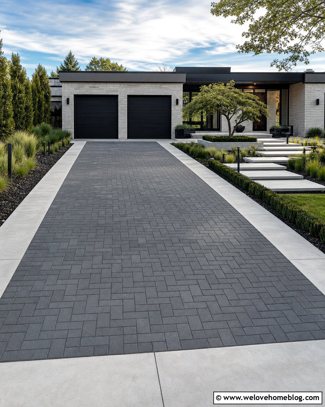Grey Herringbone Driveway With Modern Concrete Borders - 20 grey herringbone driveway ideas