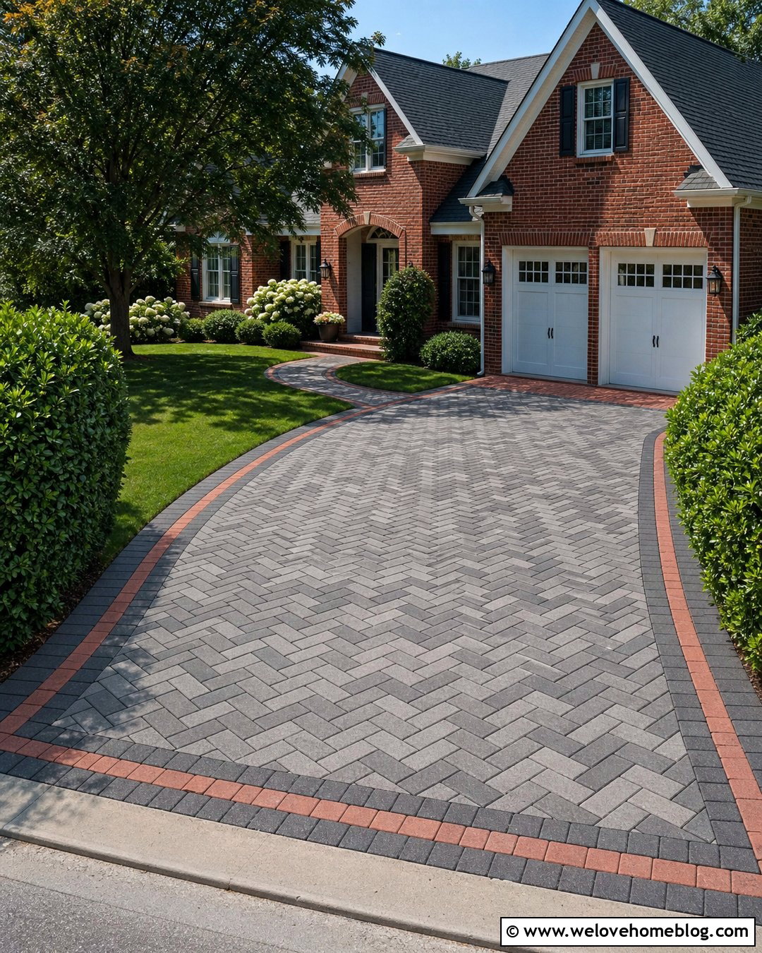 Grey Herringbone Driveway With Red Brick House - 20 grey herringbone driveway ideas