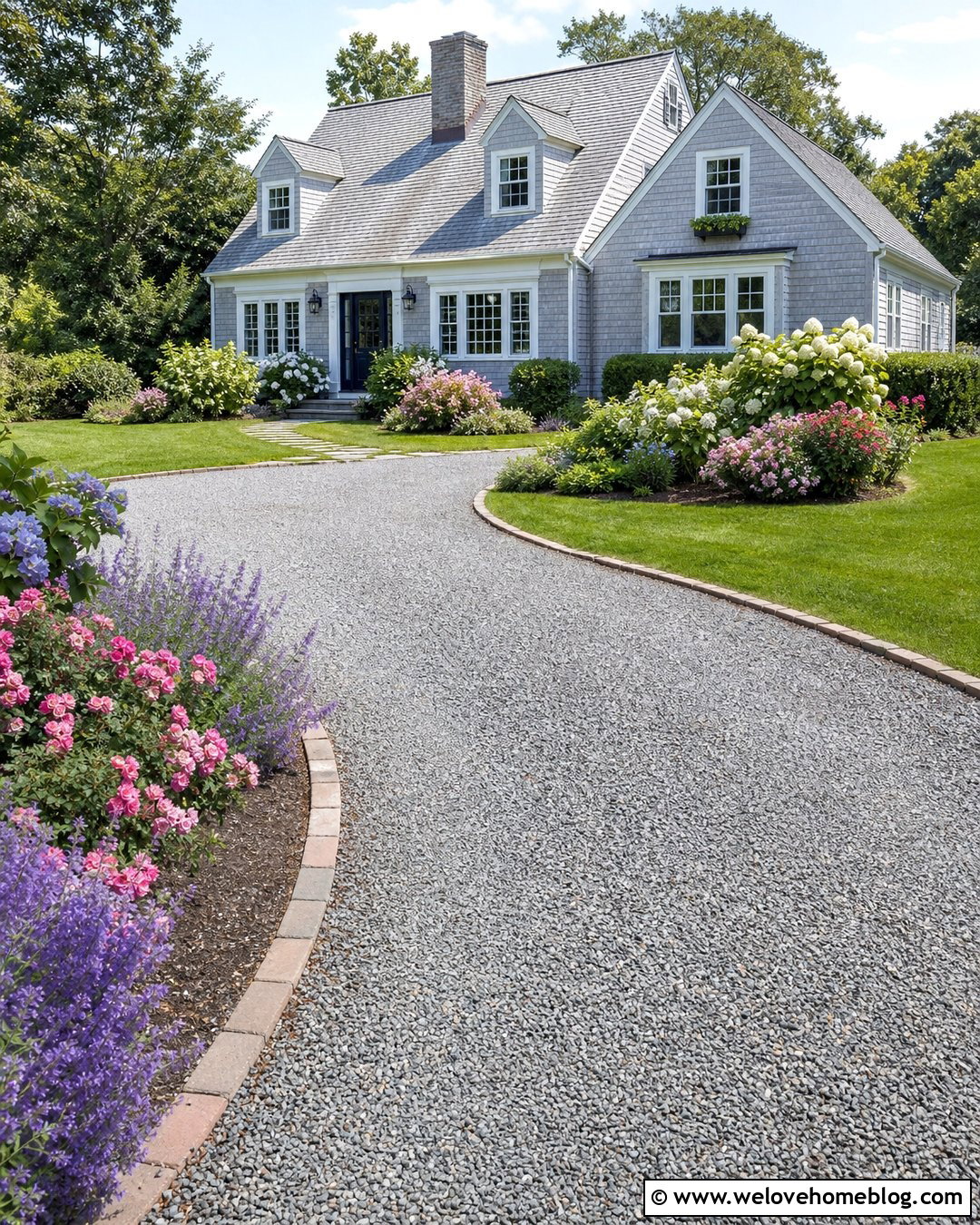 Grey Pea Gravel Driveway With Cottage Landscaping - 25 Grey Gravel Driveway Ideas