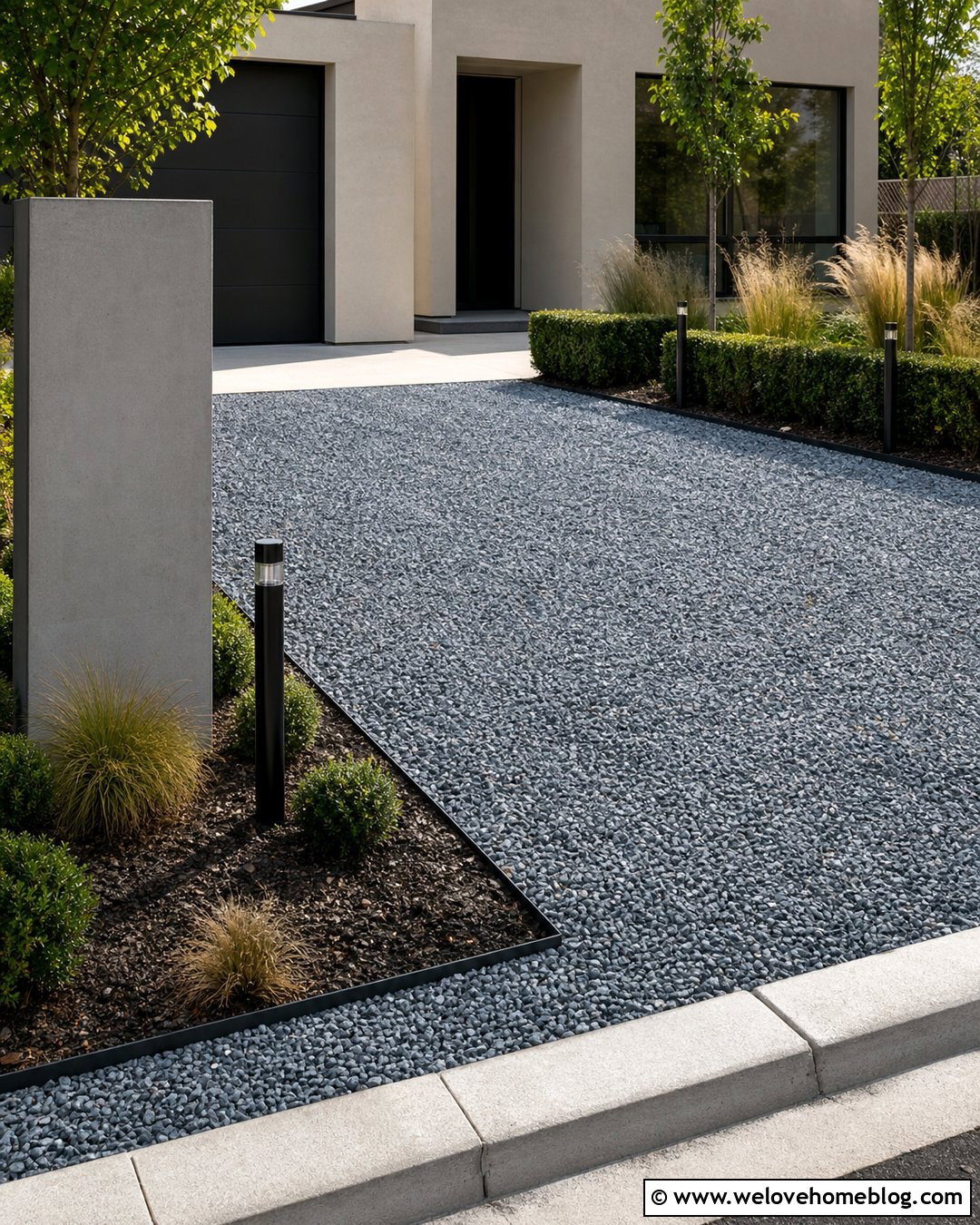 Grey Slate Gravel Driveway With A Modern House - 25 Grey Gravel Driveway Ideas