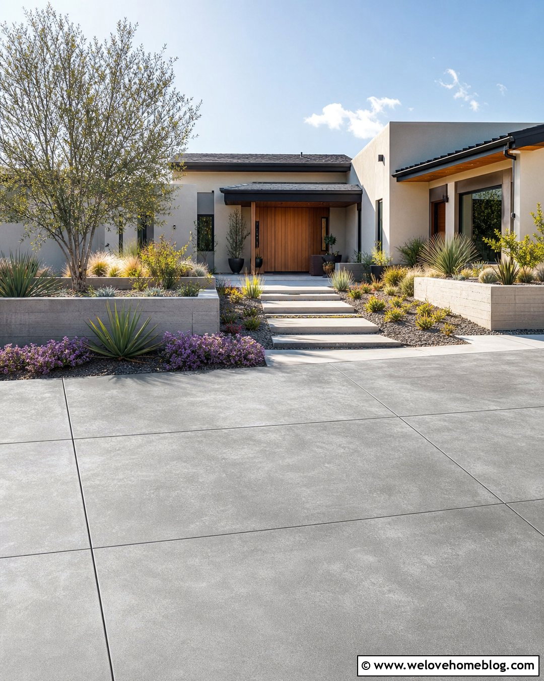Grey Stained Concrete Driveway With Raised Planters - 20 grey stained concrete driveway ideas