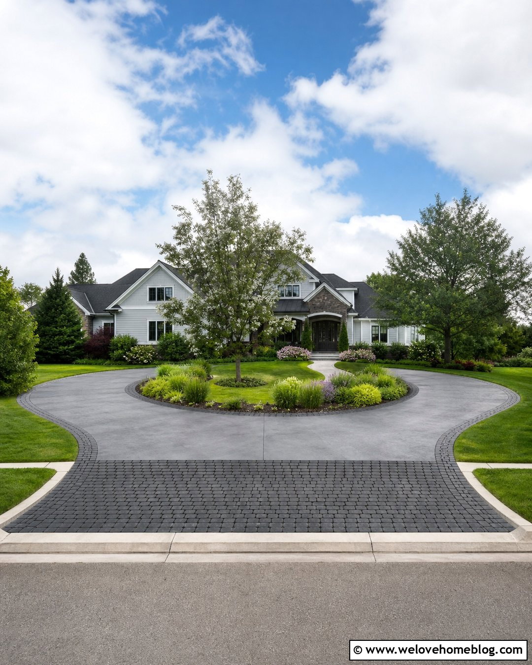 Grey Stained Horseshoe Driveway With Cobblestone Aprons - 20 grey stained concrete driveway ideas