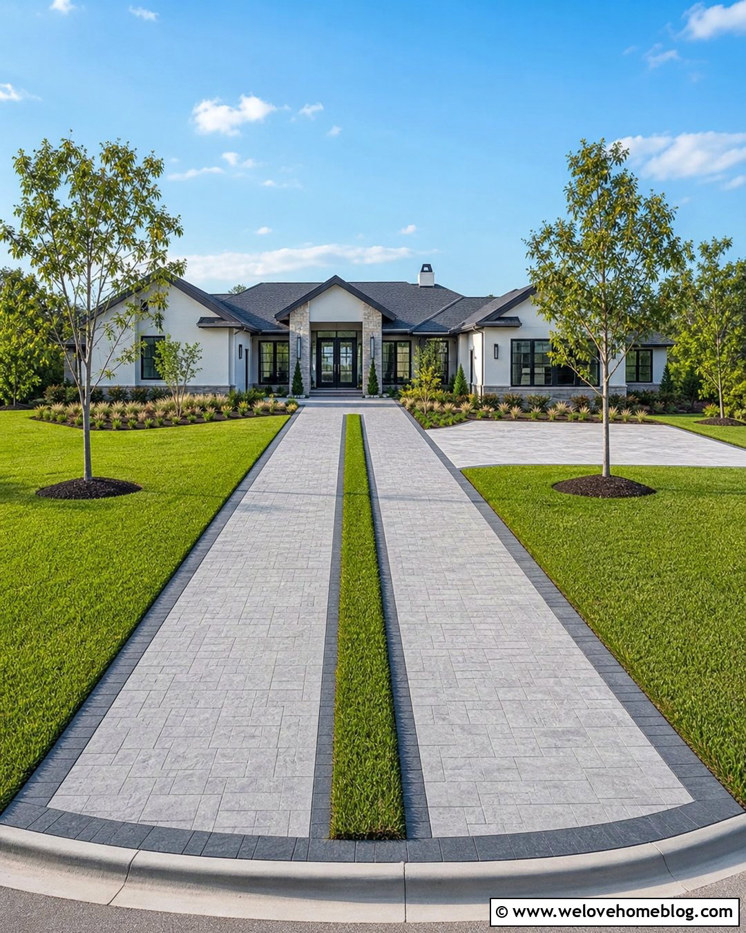 Grey Stamped Concrete Driveway With Grass Strips - 20 grey stamped concrete driveway ideas