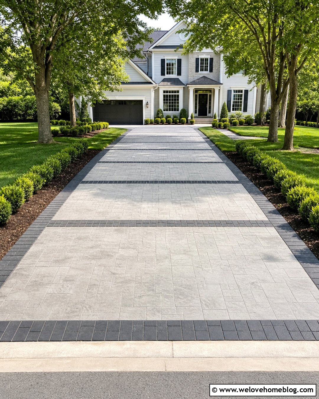 Grey Stamped Concrete Driveway With Paver Bands