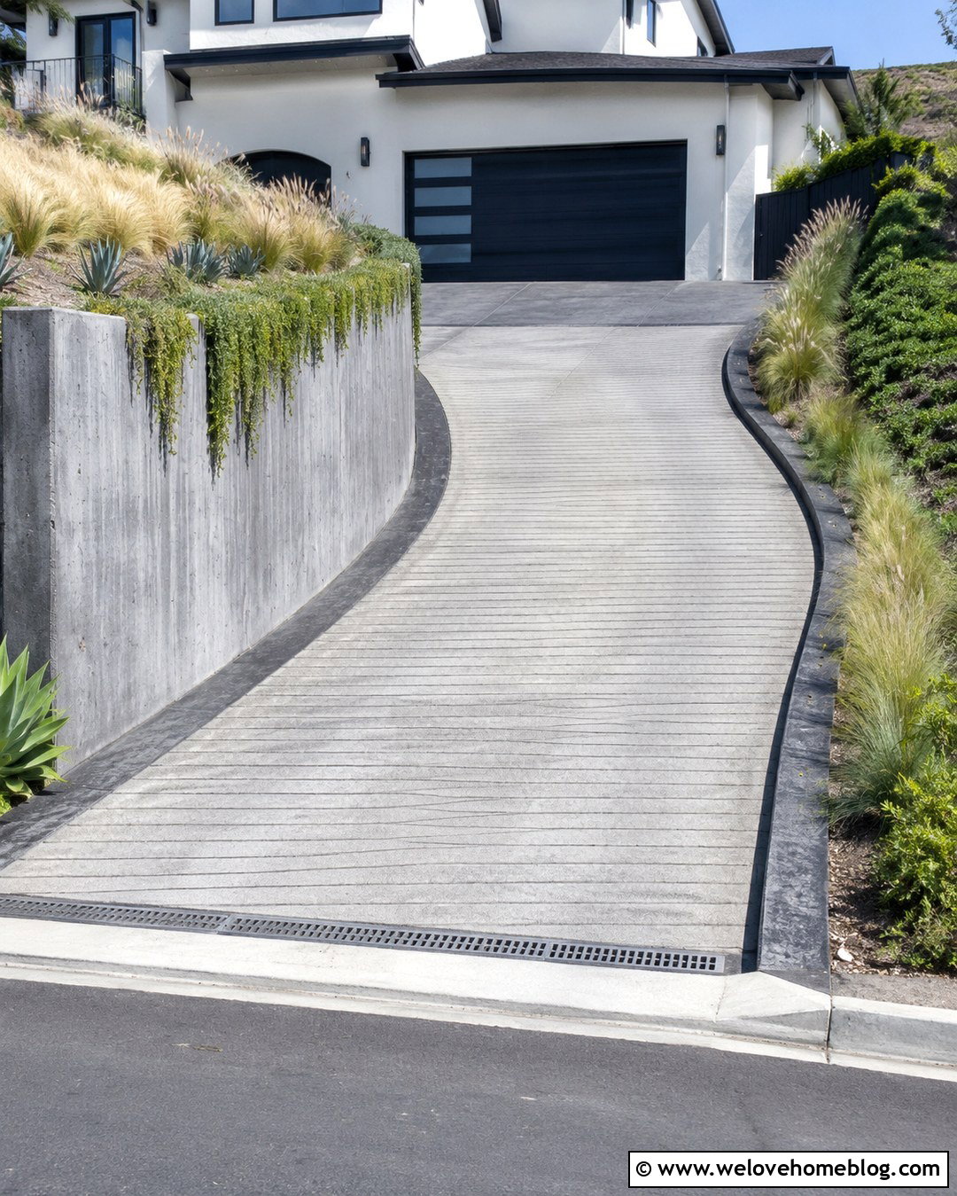 Grooved Concrete Hillside Driveway - 20 Hillside Driveway Ideas