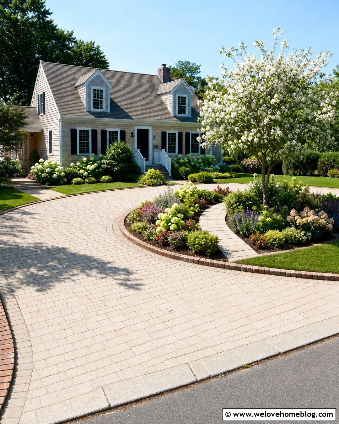Half Circle Driveway With Flowering Garden Island - 20 Front Yard Half Circle Driveway Ideas