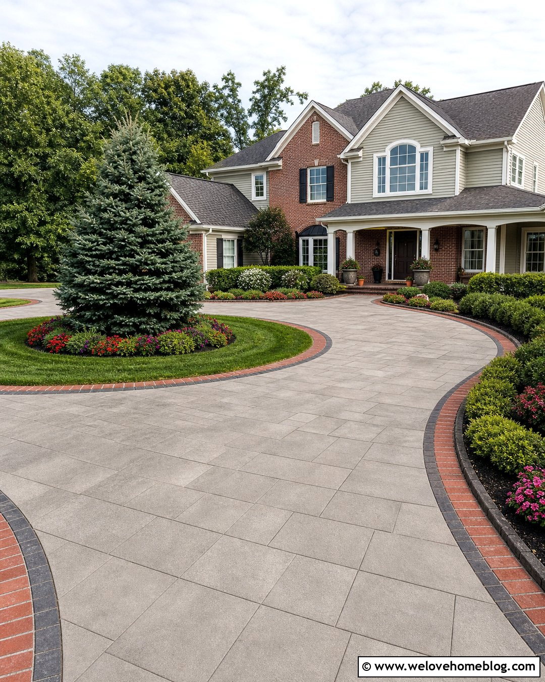 Half Circle Driveway With Mixed Paver Patterns - 20 Front Yard Half Circle Driveway Ideas