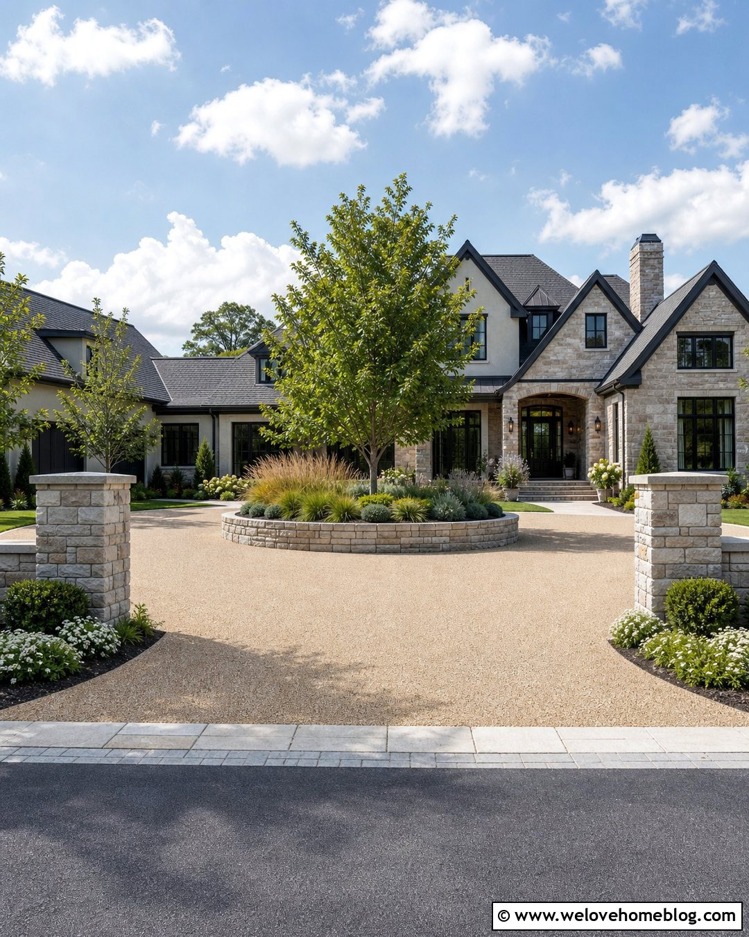 Half Circle Driveway With Stone Entrance Pillars - 40 half circle driveway landscaping ideas